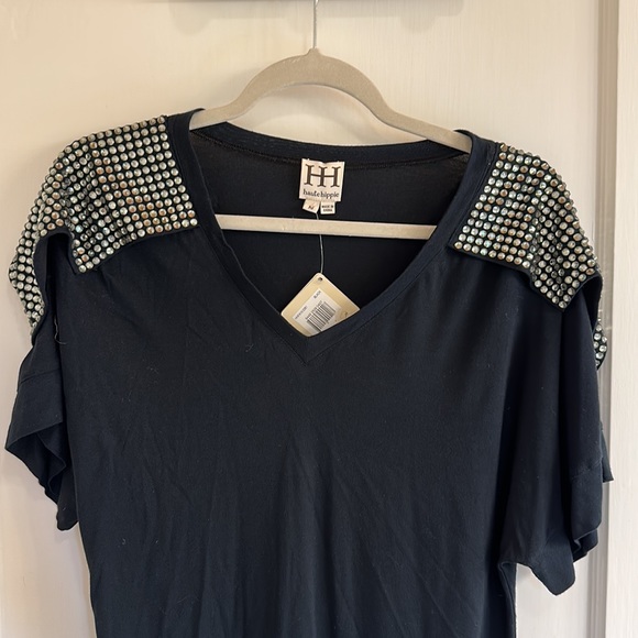 Haute Hippie Black V-Neck T-Shirt with rhinestone flap on the sleeves - Picture 2 of 4